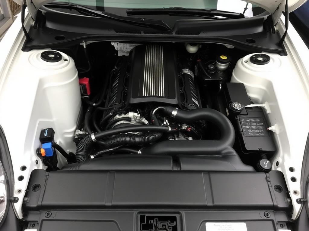 Clean, dressed engine bay after detailing