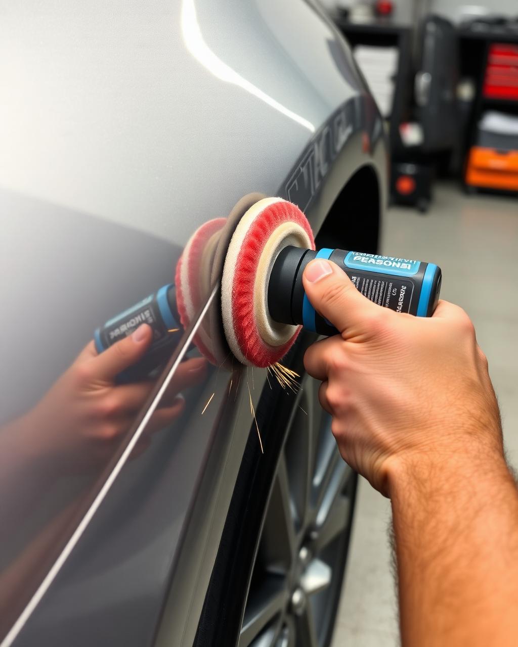 Detailer machine polishing a car fender in the shop