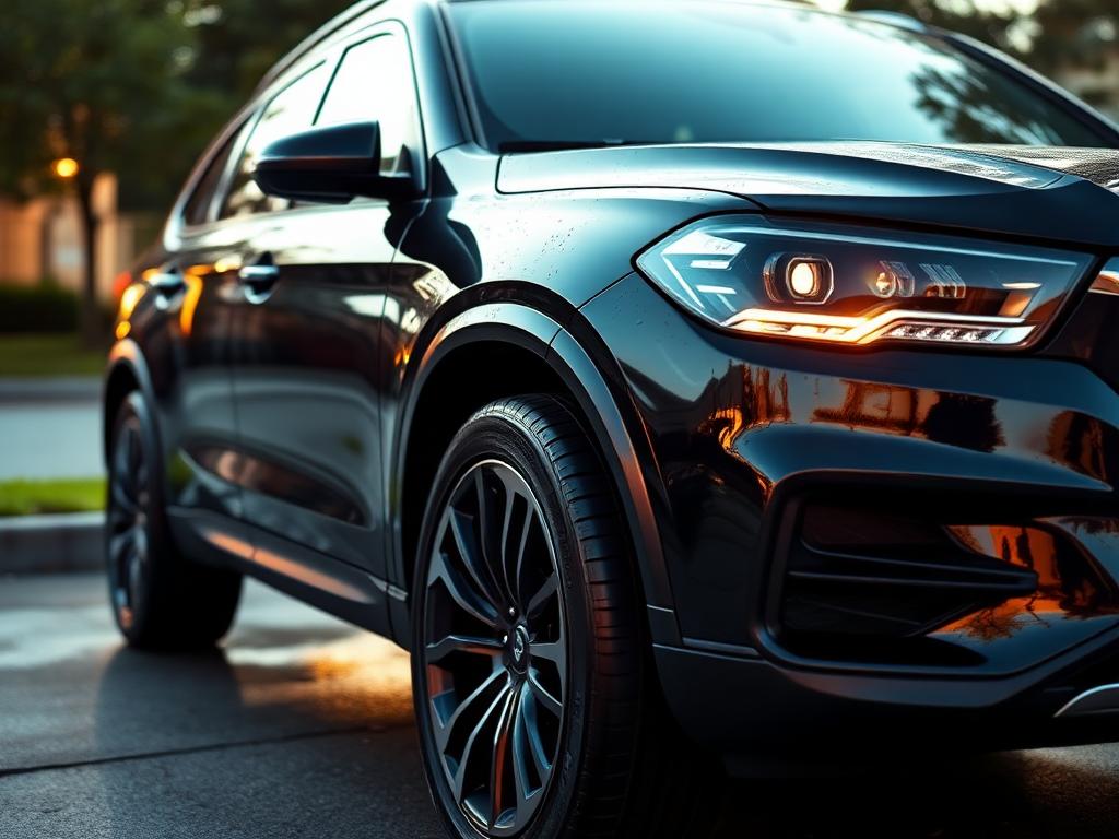 Freshly detailed black SUV gleaming in evening light